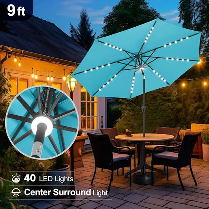 FLAME&SHADE Solar Patio Umbrella with a Centre Light, 9 FT Aqua Blue | 40 LED Lights, UV Protection, Waterproof, Porch Deck Outdoor Umbrella for Pool, Backyard, Garden, Provides Evening Lighting