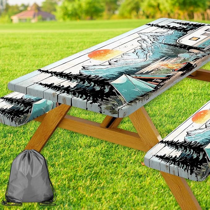Picnic Table Cover with Bench Covers and Bag, Wooden Camper Waterproof Windproof, Fitted Tablecloth Cover with Elastic Edge, for Indoor & Outdoor, Garden, Camping, 3 Pieces Set, 30x96 Inch