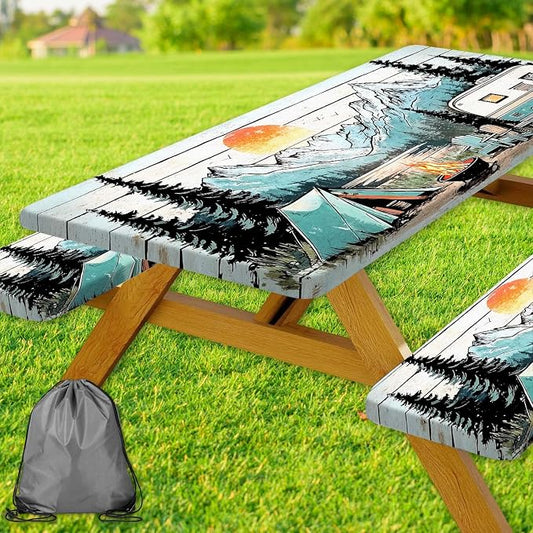 Picnic Table Cover with Bench Covers and Bag, Wooden Camper Waterproof Windproof, Fitted Tablecloth Cover with Elastic Edge, for Indoor & Outdoor, Garden, Camping, 3 Pieces Set, 30x60 Inch