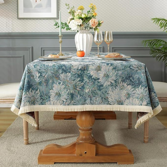 AIRCOWRIE Cotton Linen Tablecloth for Rectangle Tables, Heavy Duty Wrinkle Free Scratch Resistant Washable Cloth Dining Table Cover for Kitchen and Outdoor Use(Blue Bloom, 54”×78”, Rectangle)