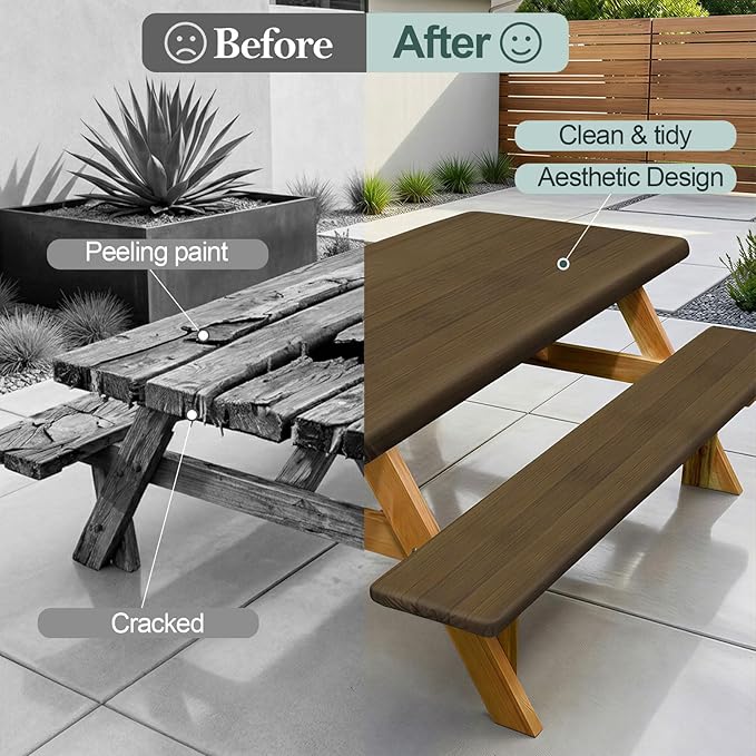 Picnic Table Cover Bench Covers Camping Essentials Tablecloth | Waterproof Vinyl for Outdoor, Windproof Elastic Fitted Edges, RV BBQ Accessories Must Haves, Storage Bag Included