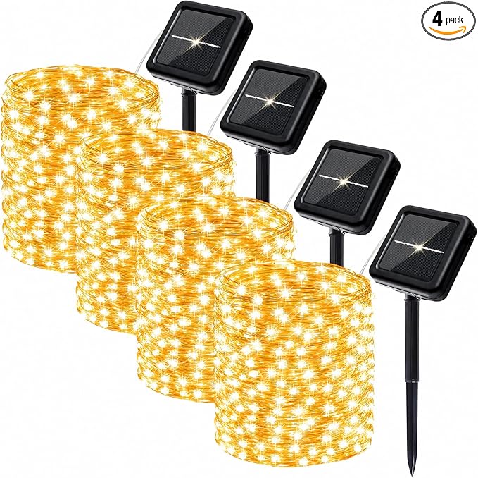 SyouHome 800 LED 264ft Solar String Lights Outdoor, 4 Pack, Warm White | 8 Lighting Modes, Auto On/Off, Waterproof Solar Fairy Lights, Twinkle Lights for Garden, Tree, Wedding, Party Decor