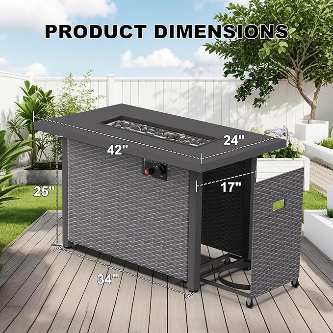 42 inch Propane Fire Pit Table, 50,000 BTU Outdoor Fire Pit Table with Steel Lid and High-Temp Lava Rocks, 2 in 1 Rectangle Gas Fire Pit Table for Garden/Patio Outside (42 inch, with Lava Rocks)