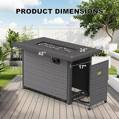 42 inch Propane Fire Pit Table, 50,000 BTU Outdoor Fire Pit Table with Steel Lid and High-Temp Lava Rocks, 2 in 1 Rectangle Gas Fire Pit Table for Garden/Patio Outside (42 inch, with Lava Rocks)