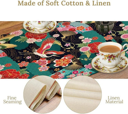 Japanese Crane Table Runner Oriental Vintage Asian Chinese Traditional Florals Dinner Runner for Farmhouse Kitchen Dinner Table Party Decoration 13x60in
