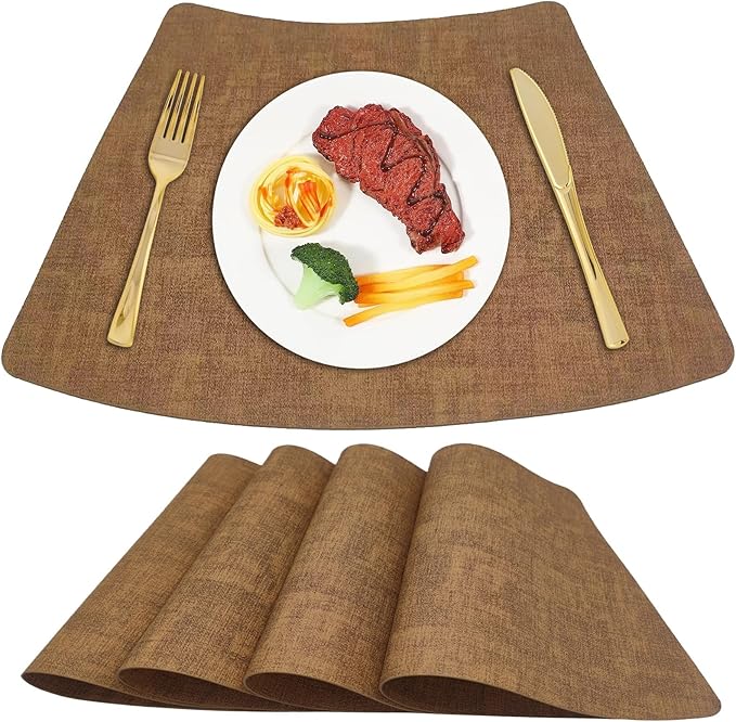 Round Table Placemats Set of 4, Faux Leather Wedge Shape Place Mats Heat Resistant Wipeable Washable Table Mats, Heavy Duty Kitchen Dining Mats(brown)
