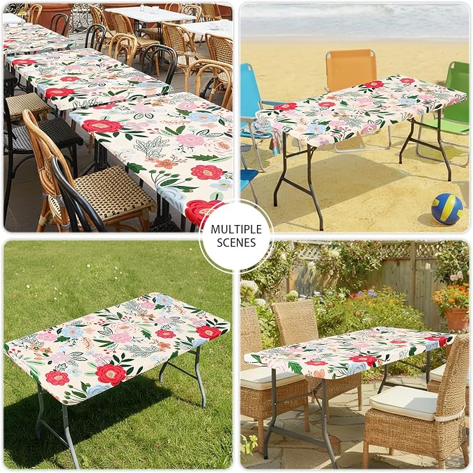 Smiry Spandex Fitted Tablecloth for 8 Foot Rectangle Tables, Washable Picnic Table Cover with Elastic, Stretch Reusable Table Cloth for Outdoor, Camping, Dining & Kitchen (Beige Flower, 30"x96")