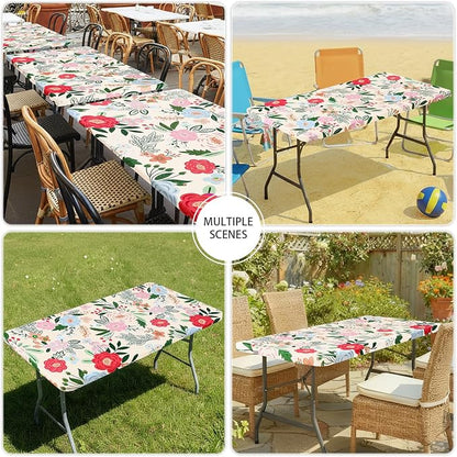 Smiry Spandex Fitted Tablecloth for 8 Foot Rectangle Tables, Washable Picnic Table Cover with Elastic, Stretch Reusable Table Cloth for Outdoor, Camping, Dining & Kitchen (Beige Flower, 30"x96")