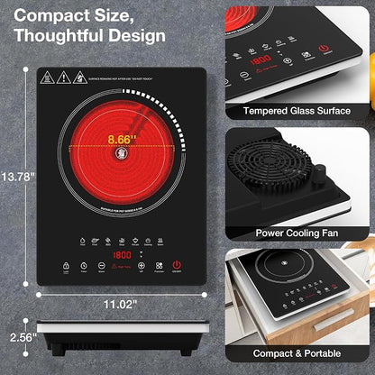 Single Burner Electric Cooktop 1800W, Portable Electric Stove Hot Plate Countertop Stove Top Burner with 8 Power Settings, 4-Hour Timer Child Safety Lock for Apartment, Dorm & Small Kitchen