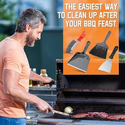 4 Piece Pellet Grill Ash Cleaning Kit, Includes Large Dust Pan, Soft Bristle Brush, Metal Scraper and Wire Brush for Easy Removal of Ash, Debris and Grime