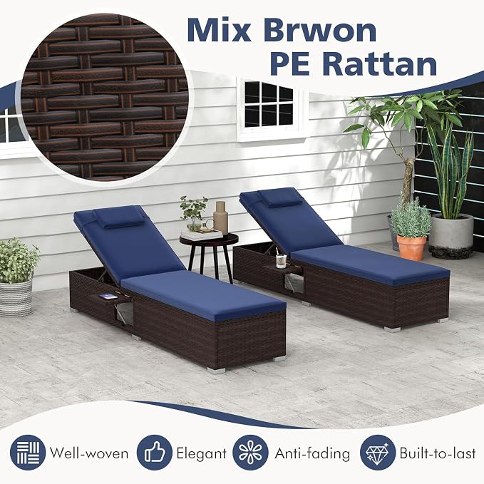 Tangkula Patio Chaise Lounge, Outdoor Rattan Lounge Chair w/ 6-Level Backrest, Comfy Seat Cushion & Headrest, Sturdy Metal Frame, Outside Reclining Chair for Backyard, Poolside (1, Navy)
