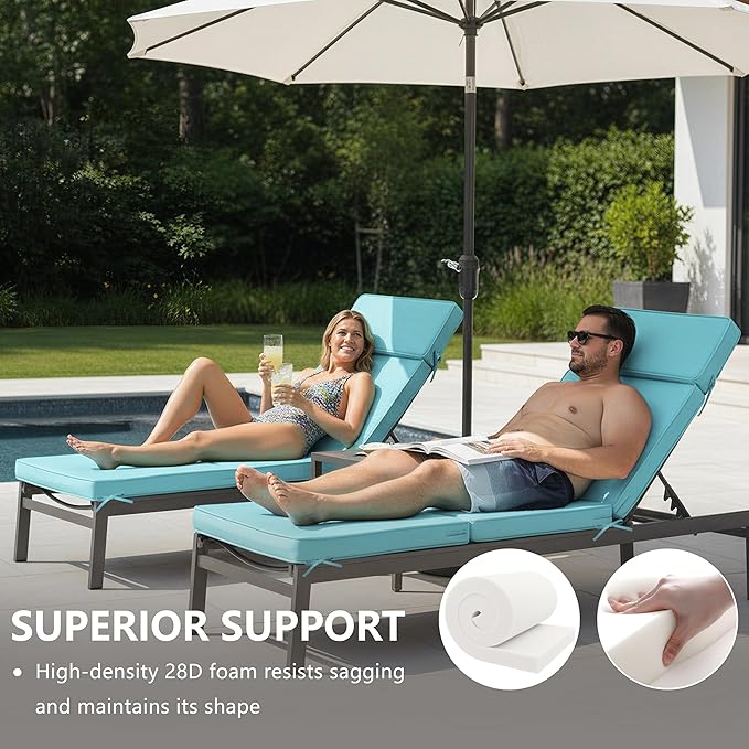 72 x 21 Inch Outdoor Chaise Lounge Cushions Set of 2 - Removable Cover, 4-Section Design, Water-Repellent & Fade-Resistant, 6 Tie Straps, Replacement for Patio & Pool Chairs - Light Blue