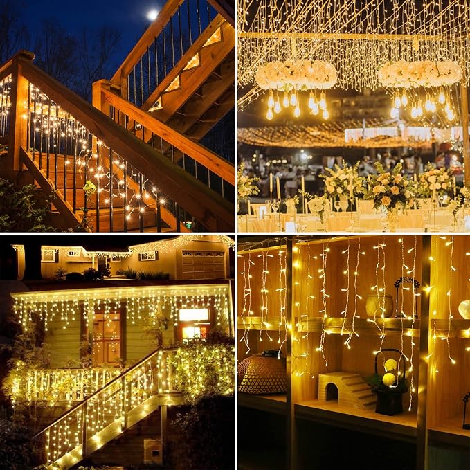 kemooie Outdoor Curtain Lights, 400 LED 26.2 x 3.3 FT Waterproof String Lights with 8 Modes, Fairy Curtain Lights for Backdrop Wedding Bedroom Balcony Party Decorations, Warm White