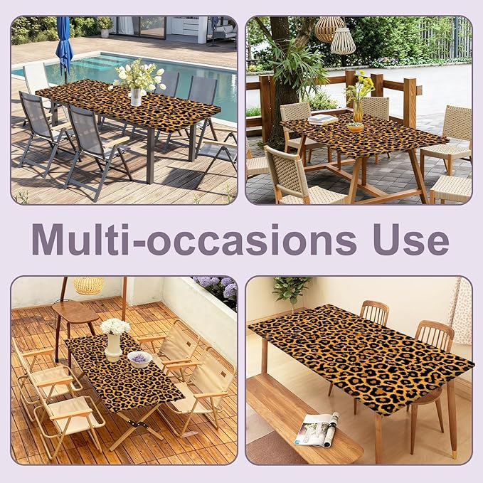 Leopard Print Picnic Table Cover with Bench Covers Set, Waterproof Elastic Fitted Tablecloth for Outdoor Picnic Tables, Durable Vinyl Animal Print Table Cover for Camping, BBQs, and Patio Parties