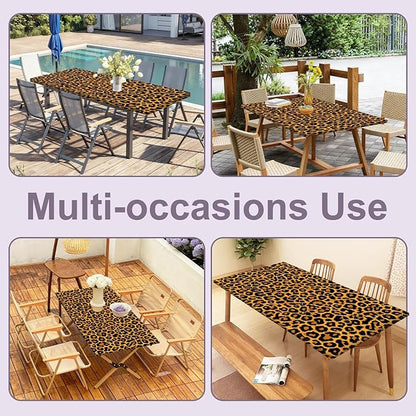 Leopard Print Picnic Table Cover with Bench Covers Set, Waterproof Elastic Fitted Tablecloth for Outdoor Picnic Tables, Durable Vinyl Animal Print Table Cover for Camping, BBQs, and Patio Parties