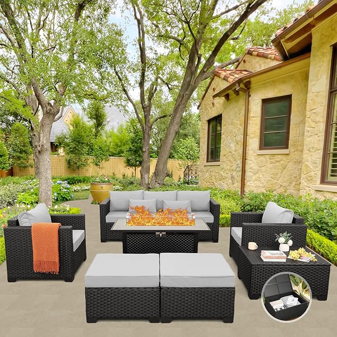 Patio Furniture Set 45 In Outdoor Fire Pits 7 Pieces Outdoor Patio Furniture 60000 BTU Outdoor Propane Fire Pit Table Patio Sofa Outdoor Chairs Anti-slip Cushions Waterproof Covers, Light Grey