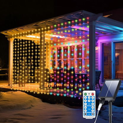 Solar Curtain Lights Outdoor 10x10Ft 300LED Multicolor Warm White Dual Color Changing Curtain Light with Dimmable Waterproof Remote Timer Memory for Christmas Weddings Party Gazebo
