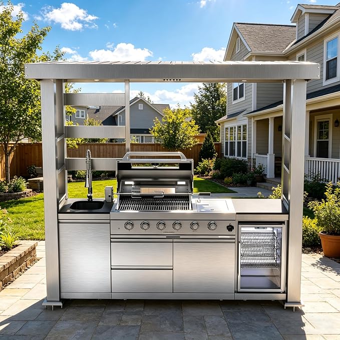 97" Stainless Steel Outdoor Kitchen Island with 4-Burner 72000 BTU,Natural Gas Grill with Side Burner,Rotisserie Oven,Refrigerator,Galvanized Steel Roof,Granite Countertops,Sink.(Natural Gas)