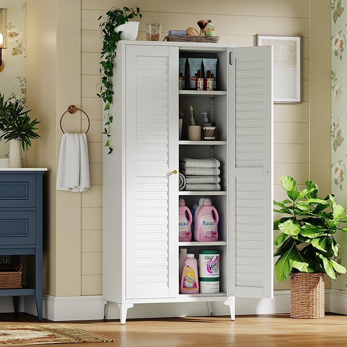 63.6" White Metal Pantry Storage Cabinet, Farmhouse Kitchen Cupboard with 3 Adjustable Shelves, Magnetic Closure, Anti-Tip Kit & Raised Legs for Kitchen, Living Room, Assembly Required