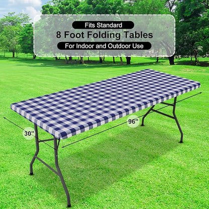 Buffalo Rectangle Picnic Tablecloth, 8 Foot Elastic Fitted Vinyl Table Cloth with Flannel Backing, Waterproof Plaid Table Covers for Dining, Camping, Outdoor (Navy and White, 30" x 96")