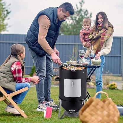 18.8" Vertical Steel Barrel Charcoal Grill,Metal Outdoor Barbecue Smoker,Portable Vertical Charcoal Smoker Grill,Heavy Duty Outdoor BBQ Grill,with Thermometer,for Garden Patio Beach Backyard (Black)