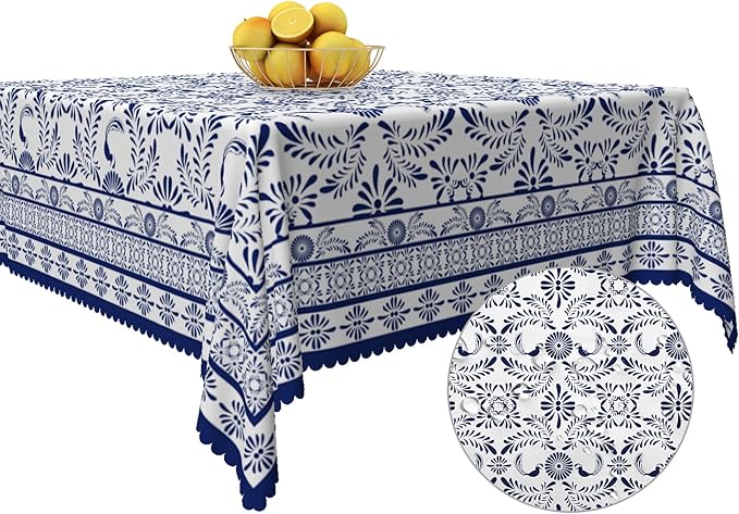 Ethnic Floral Square Table Cloths 60x60 Inch Blue Flowers Plants Chic Wrinkle Oil-Proof Resistant Table Cover Folk Style Tablecloths for Indoor Outdoor Kitchen Dining Party Restaurant