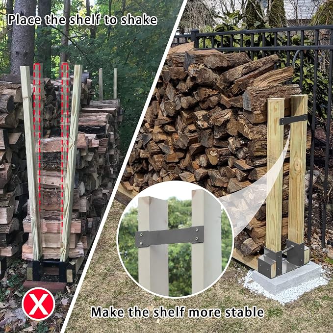 MOFEEZ Outdoor Firewood Log Storage Rack 2x4 Bracket Kit, Fireplace Wood Storage Holder, Adjustable to Any Length - Grey, Two Bases