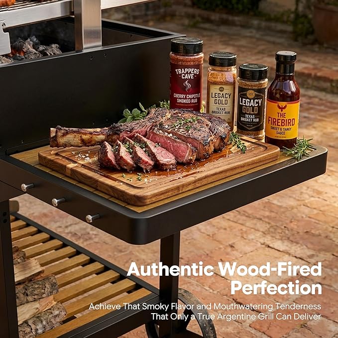 Brand-Man Santa Maria Grill Argentine with Brasero, Wood & Charcoal Parrilla Grilling Station BBQ, Height Adjustable V-Grate & Griddle, Authentic Asado Grill Cooking with Fire Brick, Skewers & S-Hooks