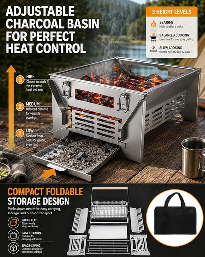 PYY Upgraded 360° Rotating Barbecue Grill Outdoor Rotating BBQ Grill | Easy Flip Grill, Heat-Resistant Wooden Handle, Thickened SUS Food Grade Mesh, Adjustable Height Grill & Charcoal Tray