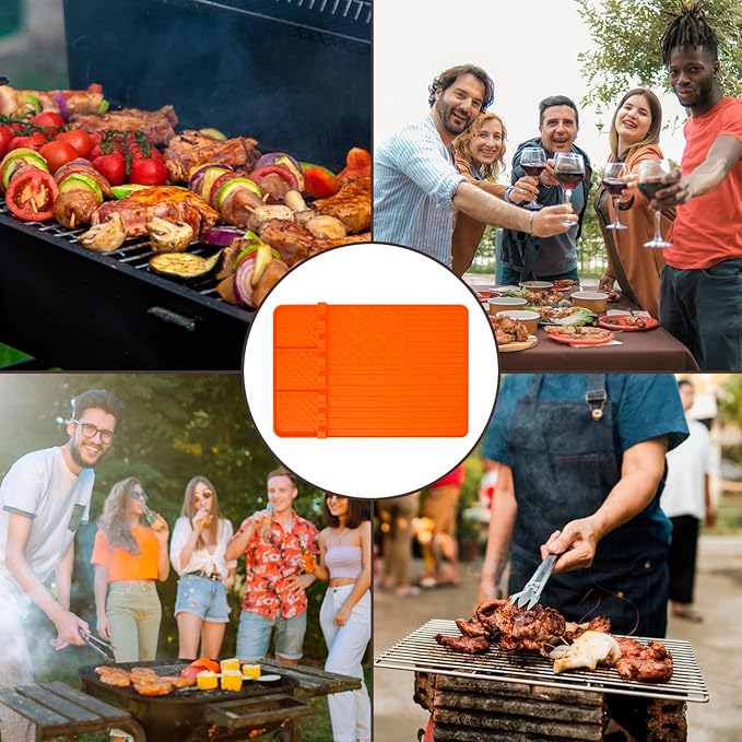 2 PCS Silicone Grill Mat Compatible with Blackstone, BBQ Griddle Tools Mat with Drip Pad, Spatula Mat for Outdoor Kitchen Counter, Gifts for Men (orange-2)