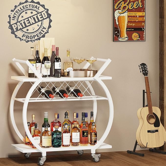 LVB White Bar Cart, Modern Rolling Serving Wine Cart with Storage for Home | Coffee Liquor Drink Cart with Wheels, Wood and Metal Kitchen Microwave Beverage Cart, Drink Liquor Cart for Dining Room