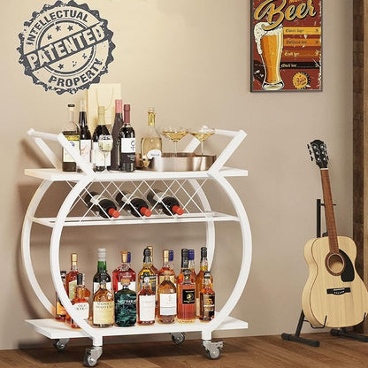 LVB White Bar Cart, Modern Rolling Serving Wine Cart with Storage for Home | Coffee Liquor Drink Cart with Wheels, Wood and Metal Kitchen Microwave Beverage Cart, Drink Liquor Cart for Dining Room