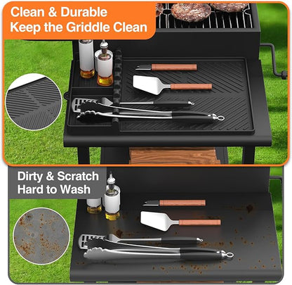 Silicone Griddle Tools Mat for Blackstone, Griddle Accessories Side Shelf Mat Grill Pad for Outdoor Grill Kitchen Counter Spatula Silicone Mat with Drip Pad (Black)