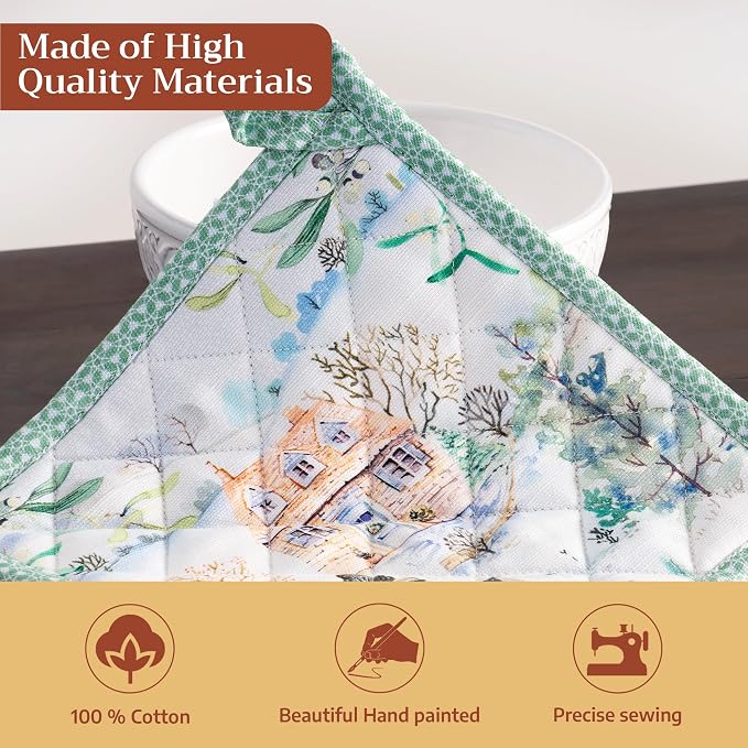 Maison d' Hermine Pot Holders 100% Cotton Potholders (8" x 8", Pack of 1) | Heat Resistant Hot Pads with Loop BBQ Cooking Baking Hotel Kitchen Handling Hot Pans Thanksgiving Christmas - Snowy World