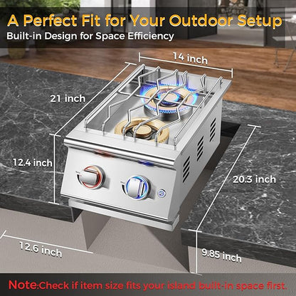 Grilling Side Burners for Outdoor Kitchen, 2 * 18,000BTU Natural Gas Side Burner,Convertible to Liquid Propane, Duty Heavy 304 Stainless Steel, Double Burner for BBQ Island Gril, Gold