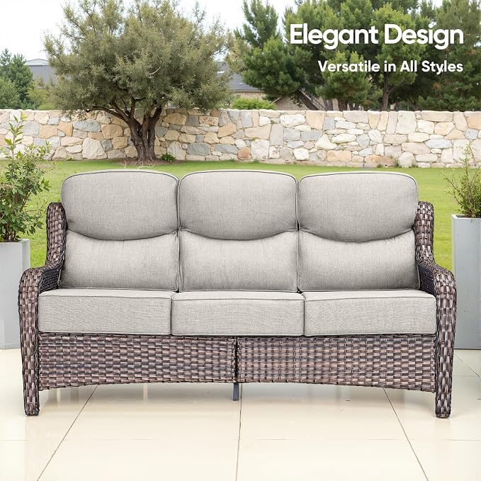 Luxury Patio Sofa 3-Seat Wicker Couch with 6" Thick Cushion - Outdoor Furniture Rattan Sofa with Deep Seating High Back Outdoor Sofa for Patio Garden Balcony Sunroom Backyard, Brown | Beige