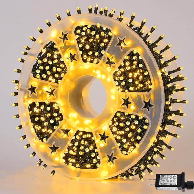 QITONG 500LED Warm White String Lights, 165ft Christmas Lights Outdoor Waterproof with Plug in, Green Wire Twinkle Tree Lights Indoor with 8 Modes