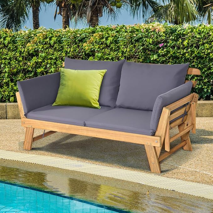 Tangkula Convertible Acacia Wood Patio Couch Sofa Bed with Adjustable Armrest, Outdoor Daybed with Cushion & Pillows, Outside Folding Futon Sofa Couch Bench for Porch, Courtyard, Poolside & Garden