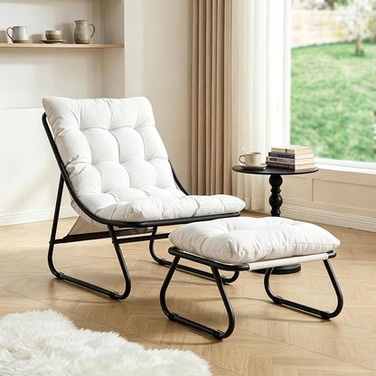 Rocking Chair with Ottoman, Modern Metal Frame Outdoor Rocker, Comfy Patio Lounge Chair with Footrest, Reading Glider Chairs for Living Room, Bedroom, Balcony, Garden, Relax, White