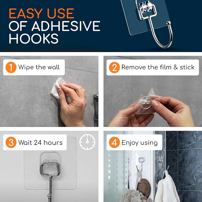 Adhesive Wall Hooks for Hanging, Heavy Duty No Drill, 22 lbs, 12 Pack | GLUIT Adhesive Wall Hooks for Hanging, Transparent Waterproof Sticky Towel Hook for Bathroom Kitchen Home Outdoor