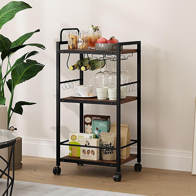 Bar Cart for The Home, 3 Tier Kitchen Carts with Wheels, Small Rolling Cart with Glass Holders, Wine Rack, Mini Bar Cart for Kitchen, Dining room, Living Room, 13.0"D x 17.0"W x 33.8"H, Rustic Brown