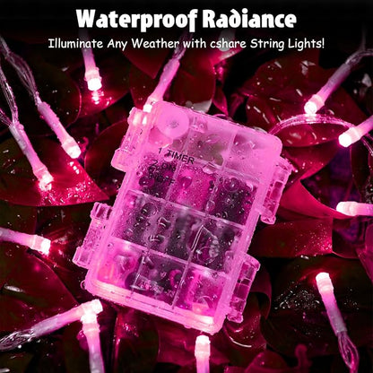 cshare String Lights Outdoor Waterproof 9.8ft 30 LED, Pink Fairy Lights Battery Operated with Timer Clear Wire for Indoor & Outdoor Christmas Valentine's Day Decorations Garland Party Garden