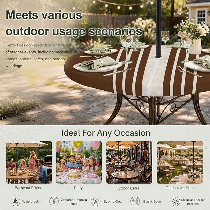 Outdoor Fitted Tablecloth with Umbrella Hole and Zipper, Brown Beige Striped Elastic Round Patio Table Cover, Farmhouse Retro Lines Modern Windproof Table Protector for Backyard BBQ Party 55''-60''