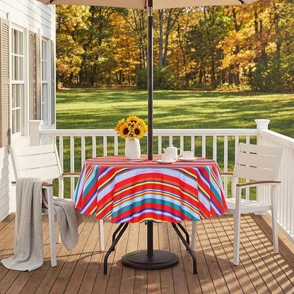 Poise3EHome Round Outdoor Tablecloth with Umbrella Hole and Zipper,Stripe 70 Inch,Polyester SpillProof Washable Table Cloth for Spring Summer Patio Garden Poolside Picnic Camping BBQS