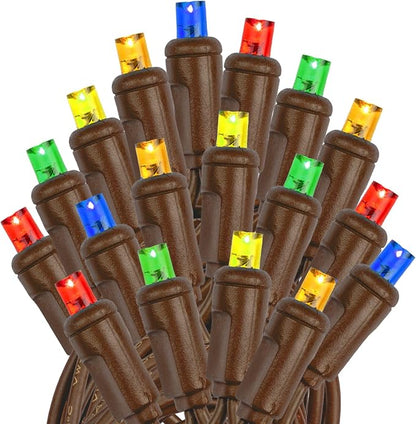 Novelty Lights 50ft 100 LED Multicolor Christmas String Lights, Brown Wire | UL Listed IP55 Commercial Grade Xmas Lights, 6 Inch Spacing, Dimmable, Connectable & Flicker Free For Outdoor & Indoor Use