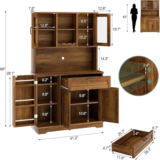Shintenchi Kitchen Pantry Storage Cabinet, Freestanding Buffet Cabinet with Microwave Stand & 3 Door Shelves, Kitchen Hutch with Doors, Adjustable Shelves and Wine Rack, Brown