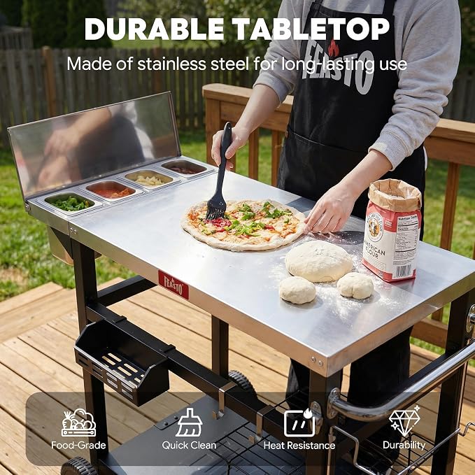Feasto Outdoor Pizza Prep Cart with Topping Station & Stainless Steel Top | Integrated Pizza Topping Station with Lid, Food-Grade Prep Tabletop, Lockable Wheels (2x1.5L+2x0.9L Containers Included)