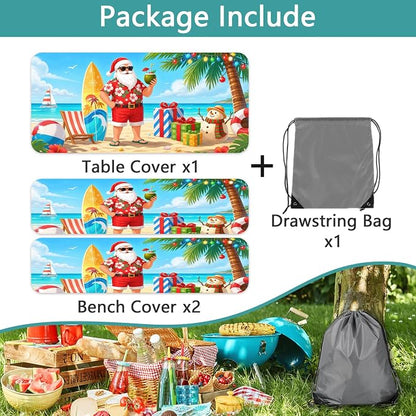 Picnic Table Cover with Bench Covers and Bag, Camping Essentials, Tropical Christmas Santa Waterproof Washable Camping Tablecloth, Fitted Rectangle Tables and Seats for Indoor, Outdoor 3Pcs 30x60 Inch