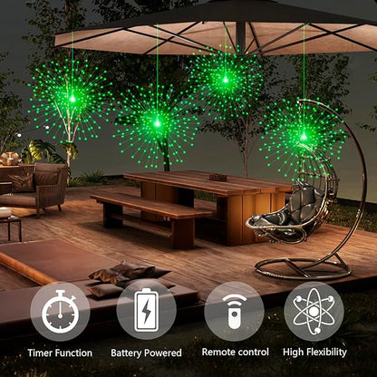 PXBNIUYA 2 Pack Starburst Sphere Lights,200 LLED Firework Lights, 8 Modes Dimmable Remote Control Waterproof Hanging Fairy Light, Copper Wire Light for Patio Parties Christmas (Green)