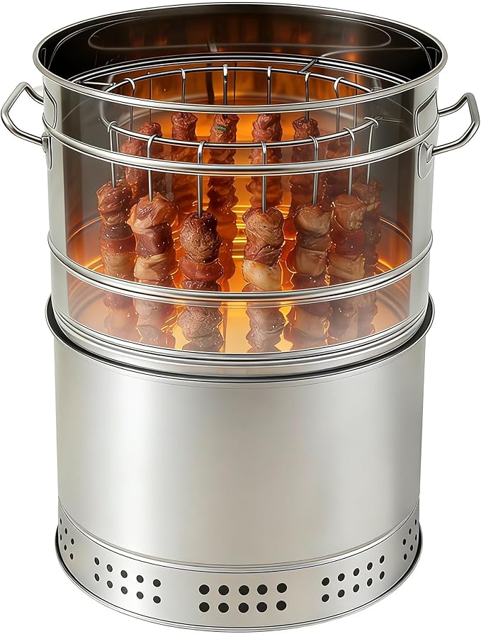 Portable Charcoal Grill, Large Charcoal BBQ Grill Barrel with 50 Skewers, Smokeless Outdoor Cylinder Charcoal Grills Stainless Steel Surround Kebab Grills for Picnics, Camping